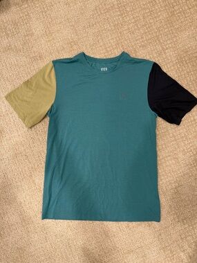 Topo Designs Teal Body Colorblock Tee with Olive and Black Sleeves
